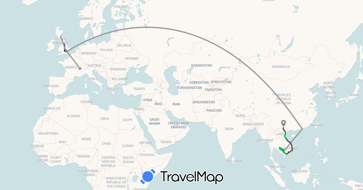 TravelMap itinerary: driving, bus, plane, motorbike in Switzerland, China, United Kingdom, Cambodia, Vietnam (Asia, Europe)