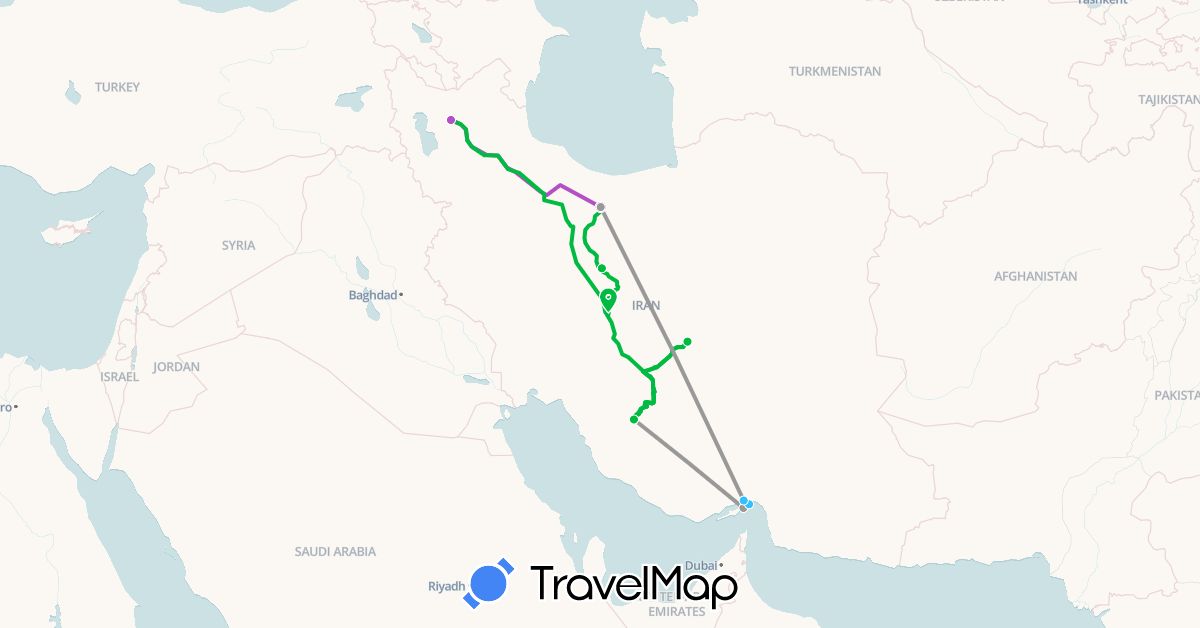 TravelMap itinerary: driving, bus, plane, train, boat in Iran (Asia)