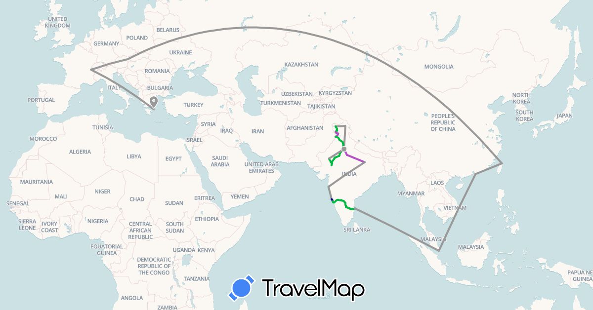 TravelMap itinerary: driving, bus, plane, train in Austria, Switzerland, China, Greece, India, Singapore, Taiwan (Asia, Europe)